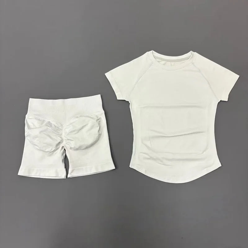 2 Pieces  Sports Sets Short Sleeve Seamless Yoga Top Fitness Set Women Workout Running Sports Shorts Gym Suit