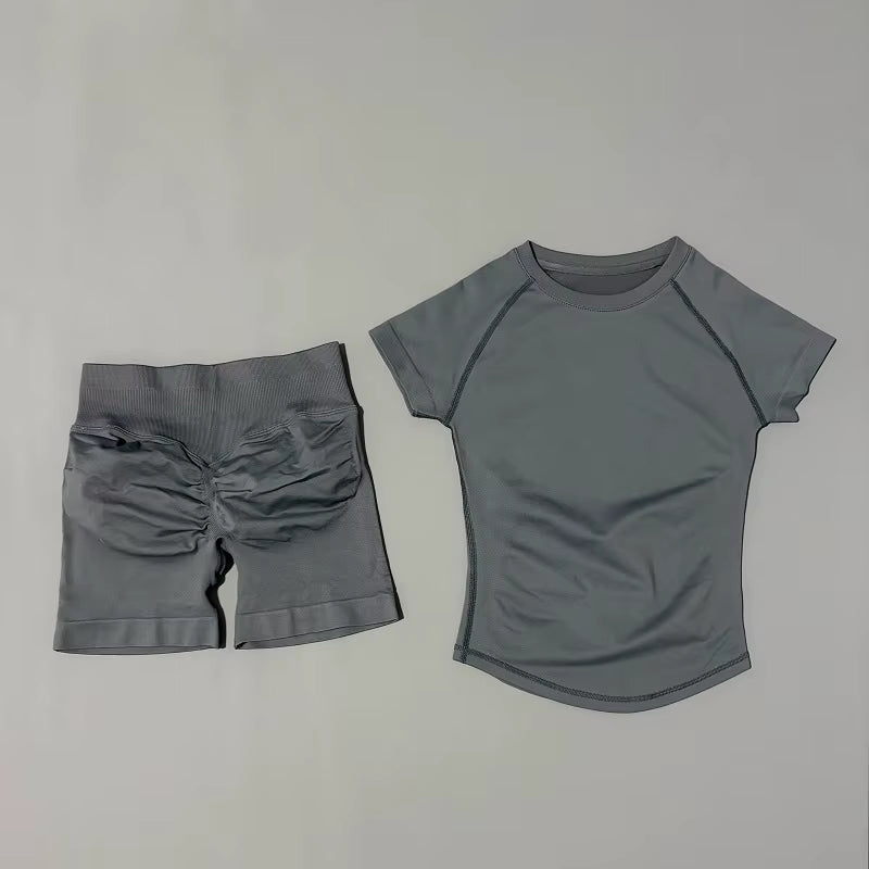 2 Pieces  Sports Sets Short Sleeve Seamless Yoga Top Fitness Set Women Workout Running Sports Shorts Gym Suit