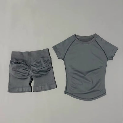 2 Pieces  Sports Sets Short Sleeve Seamless Yoga Top Fitness Set Women Workout Running Sports Shorts Gym Suit