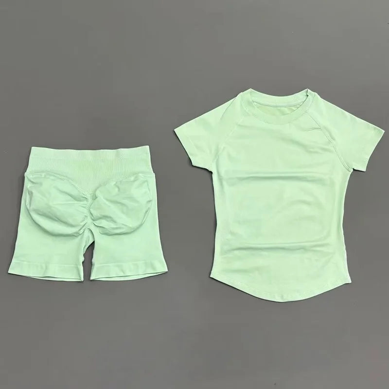 2 Pieces  Sports Sets Short Sleeve Seamless Yoga Top Fitness Set Women Workout Running Sports Shorts Gym Suit