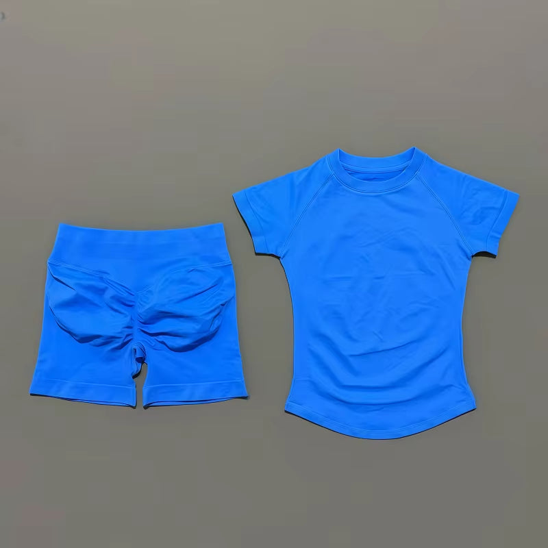 2 Pieces  Sports Sets Short Sleeve Seamless Yoga Top Fitness Set Women Workout Running Sports Shorts Gym Suit