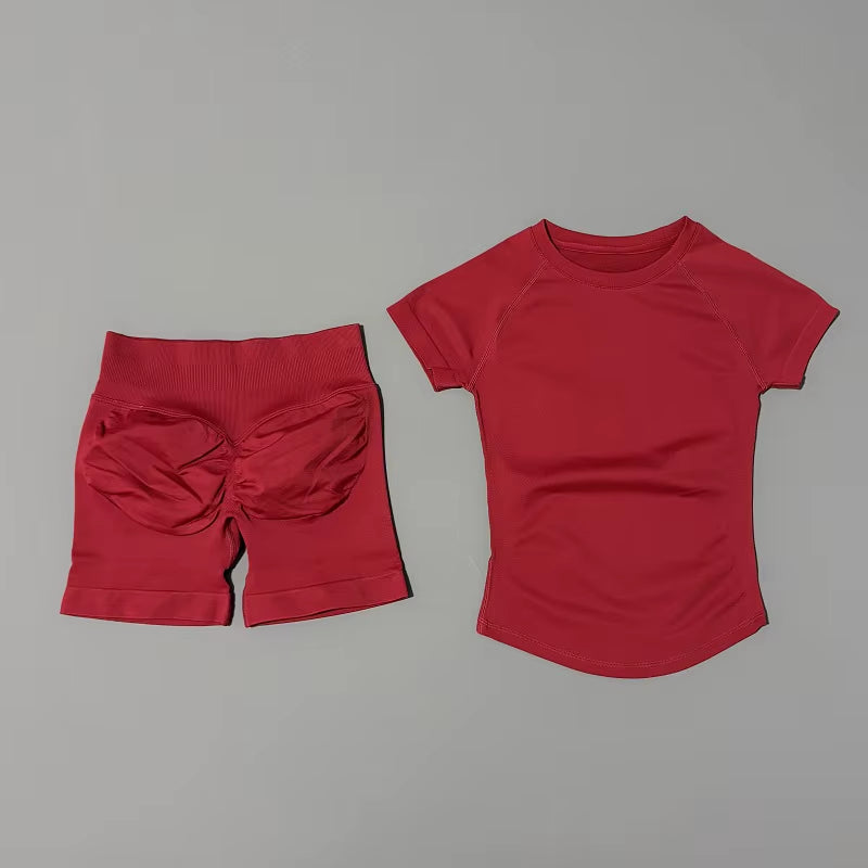 2 Pieces  Sports Sets Short Sleeve Seamless Yoga Top Fitness Set Women Workout Running Sports Shorts Gym Suit