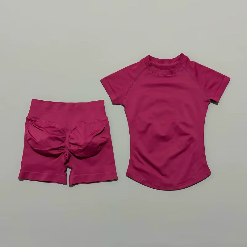 2 Pieces  Sports Sets Short Sleeve Seamless Yoga Top Fitness Set Women Workout Running Sports Shorts Gym Suit