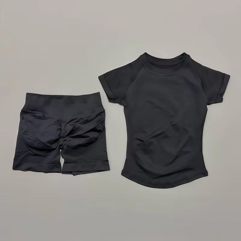 2 Pieces  Sports Sets Short Sleeve Seamless Yoga Top Fitness Set Women Workout Running Sports Shorts Gym Suit
