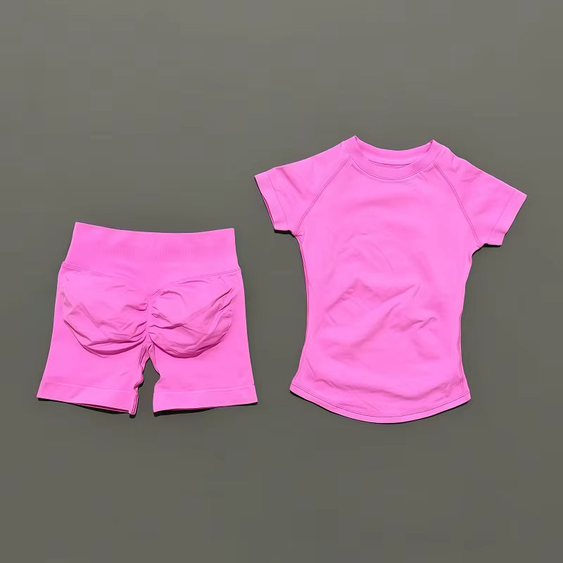 2 Pieces  Sports Sets Short Sleeve Seamless Yoga Top Fitness Set Women Workout Running Sports Shorts Gym Suit