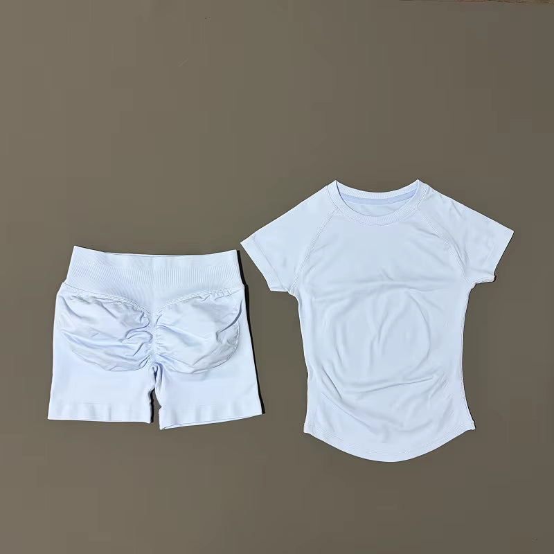 2 Pieces  Sports Sets Short Sleeve Seamless Yoga Top Fitness Set Women Workout Running Sports Shorts Gym Suit